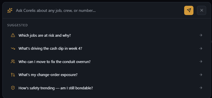 Ask Corelis — natural-language command palette with suggested operating questions