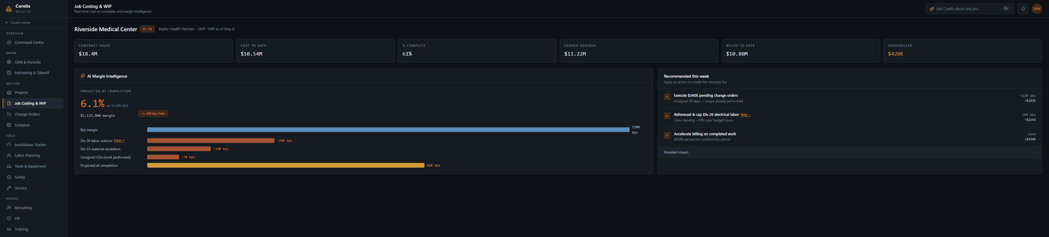 Corelis Job Costing & WIP — real-time cost-to-complete and AI margin intelligence